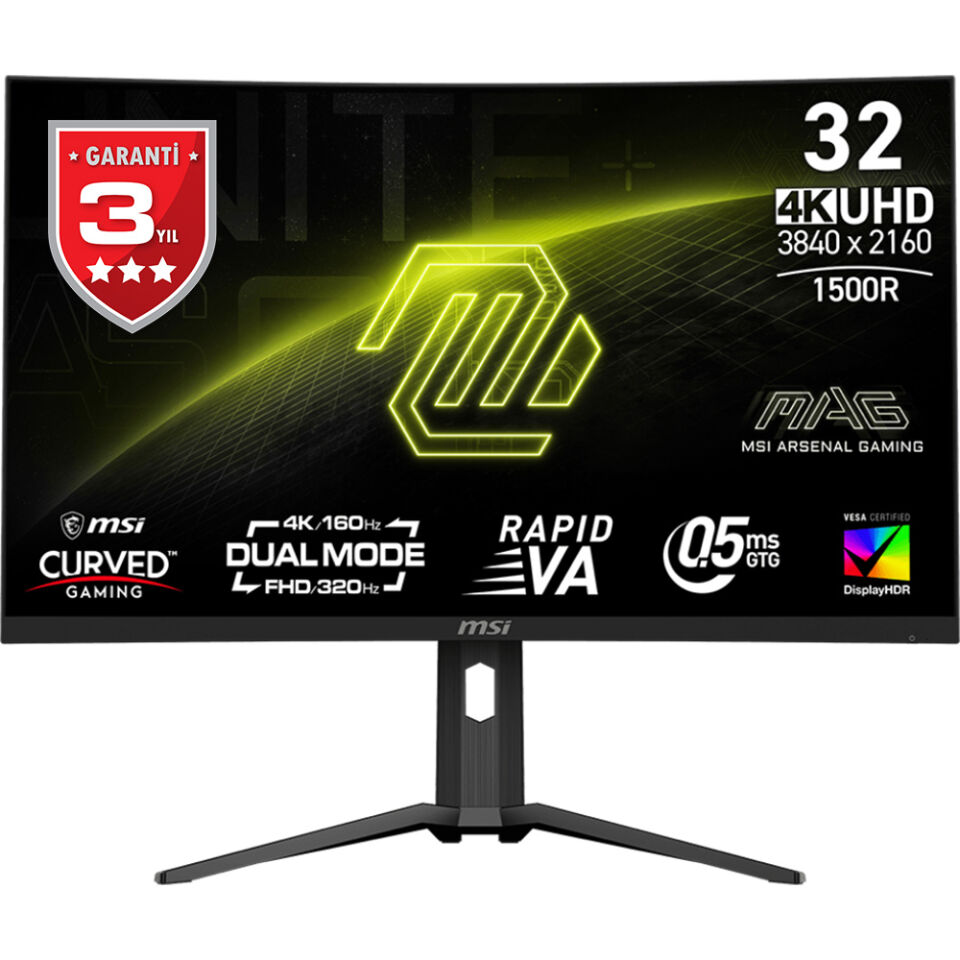 MSI 31.5'' RAPID VA MAG 321CUPDF 0.5MS 160HZ HDMI-DO TYPEC Gaming Monitör 3840x2160