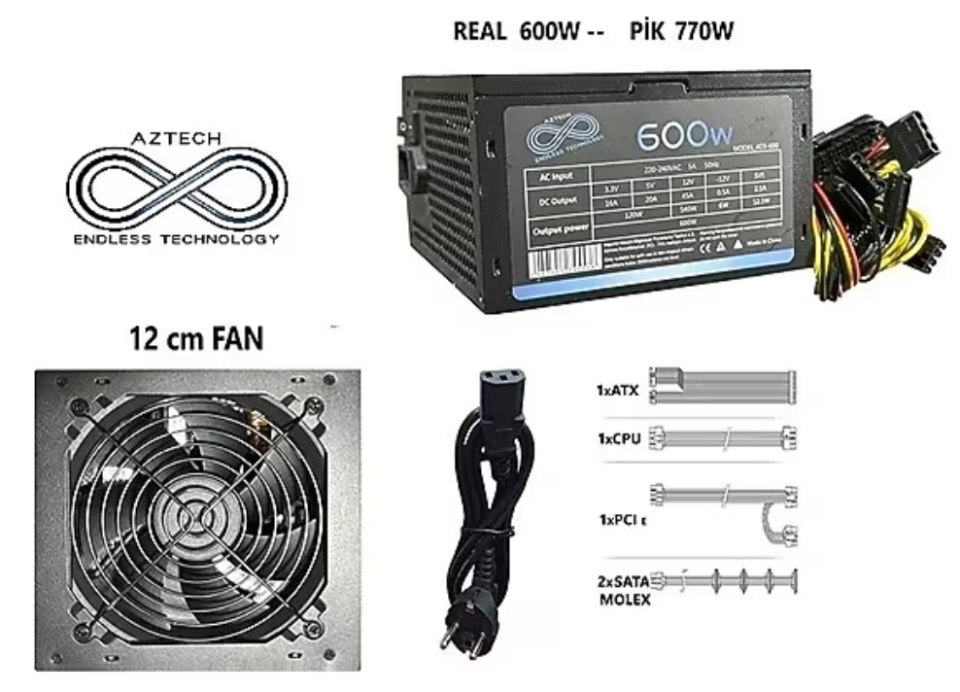 AZTECH 600W 12cm Fanlı Atx Power Supply