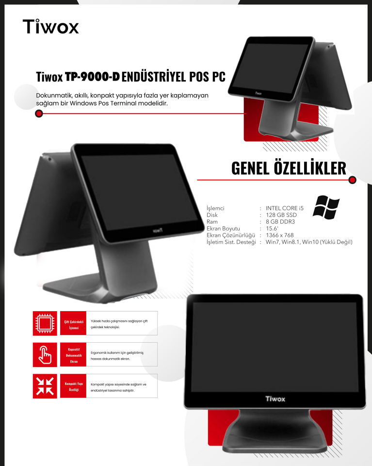 TIWOX 15.6'' Dokunmatik (İki Ekranlı)  TP-9000D CORE i5 5.Nesil 8GB RAM- 128GB SSD- FDOS- POS PC