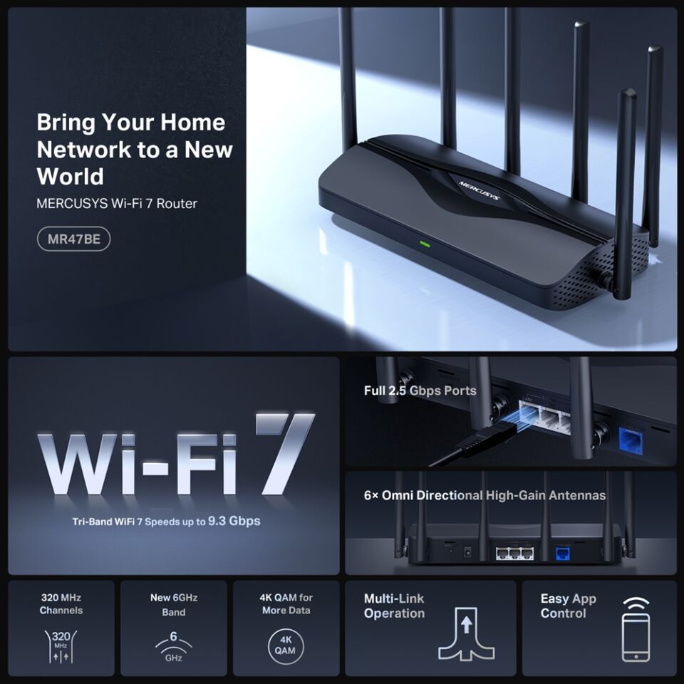 MERCUSYS MR47BE WIFI7 BE9300 Üç Bant Router