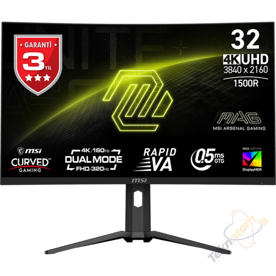 MSI 31.5'' RAPID VA MAG 321CUPDF 0.5MS 160HZ HDMI-DO TYPEC Gaming Monitör 3840x2160